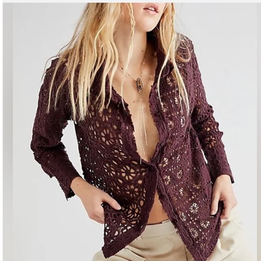 Free People FP One Yesenia Crochet Long Sleeve Button Up Plum- S